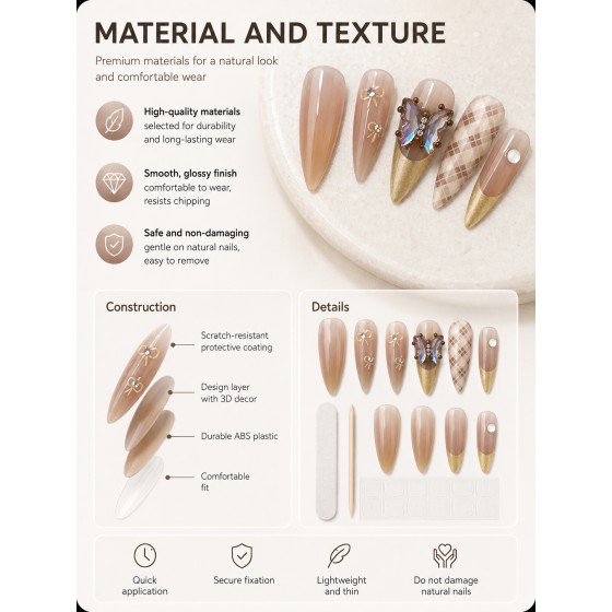 Nude‑Gold Gradient Iridescent Butterfly Press‑On Nails, Luxury Gold French Plaid Almond False Nails